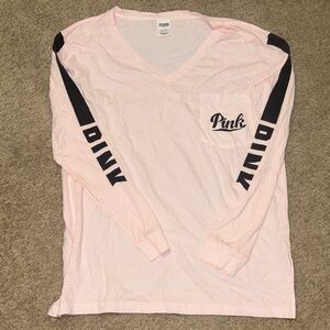 Pink Long Sleeve V-Neck Tee in Light Pink with Black Accents Pocket